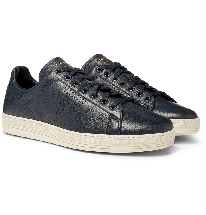 Photo: TOM FORD - Warwick Perforated Full-Grain Leather Sneakers - Navy