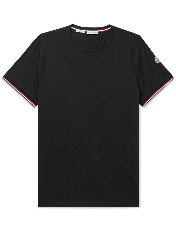 Photo: Moncler - Slim-Fit Logo-Appliquéd Contrast-Tipped Cotton-Blend Jersey T-Shirt - Black