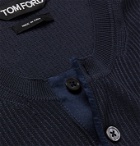 TOM FORD - Satin-Trimmed Ribbed Silk Henley T-Shirt - Blue