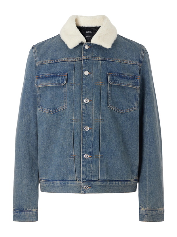 Photo: A.P.C. - Justin Pleated Wool-Trimmed Denim Jacket - Blue