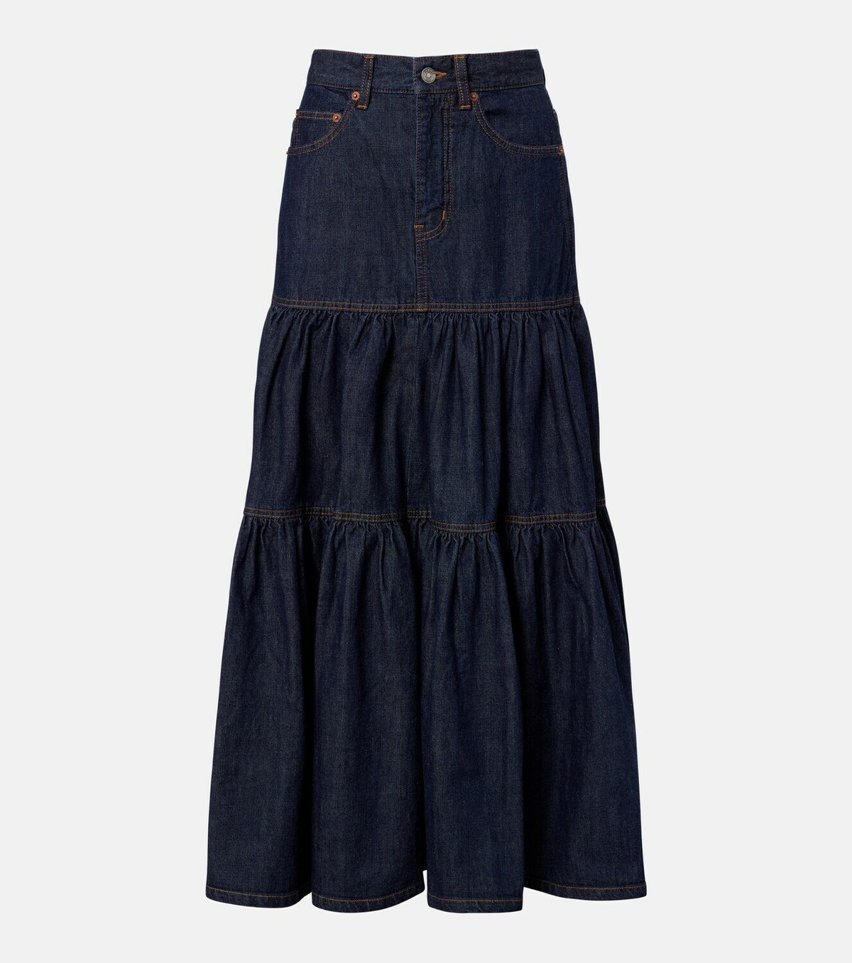 Saint Laurent Tiered denim maxi skirt