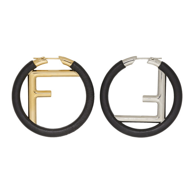 Fendi Wood 'F is Fendi' Drop Hoop Earrings - Black, Silver-Tone