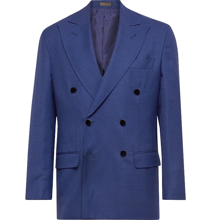 Photo: Rubinacci - Double-Breasted Unstructured Micro Basketweave Virgin Wool Suit Jacket - Blue