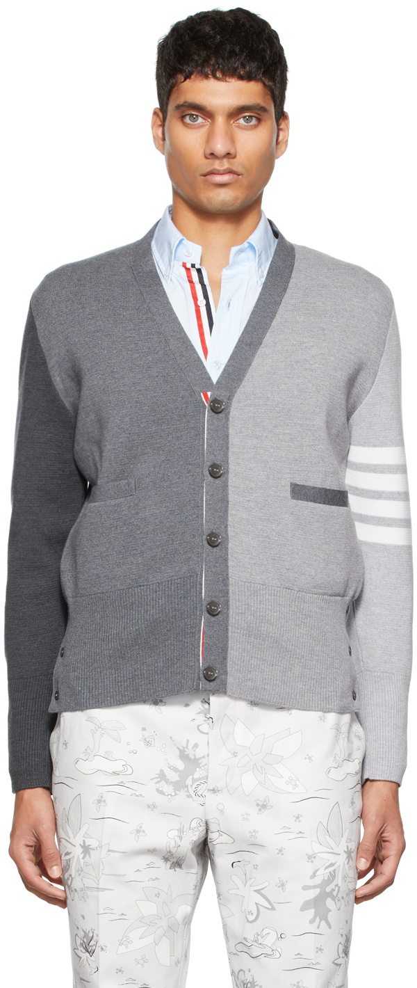 Thom Browne V-Neck Cardigan With 4-Bar Stripe In Medium Grey Merino