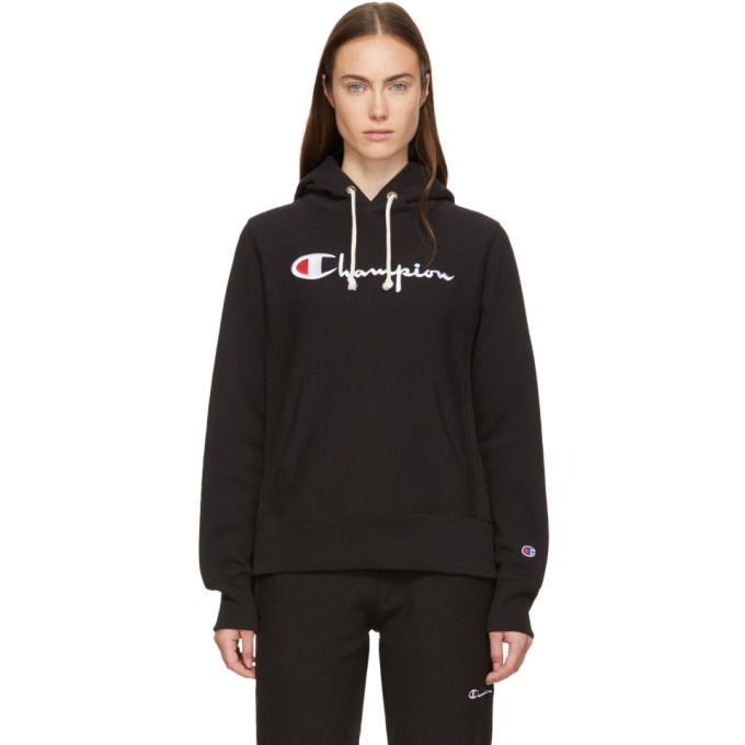 Photo: Champion Reverse Weave Black Logo Hoodie