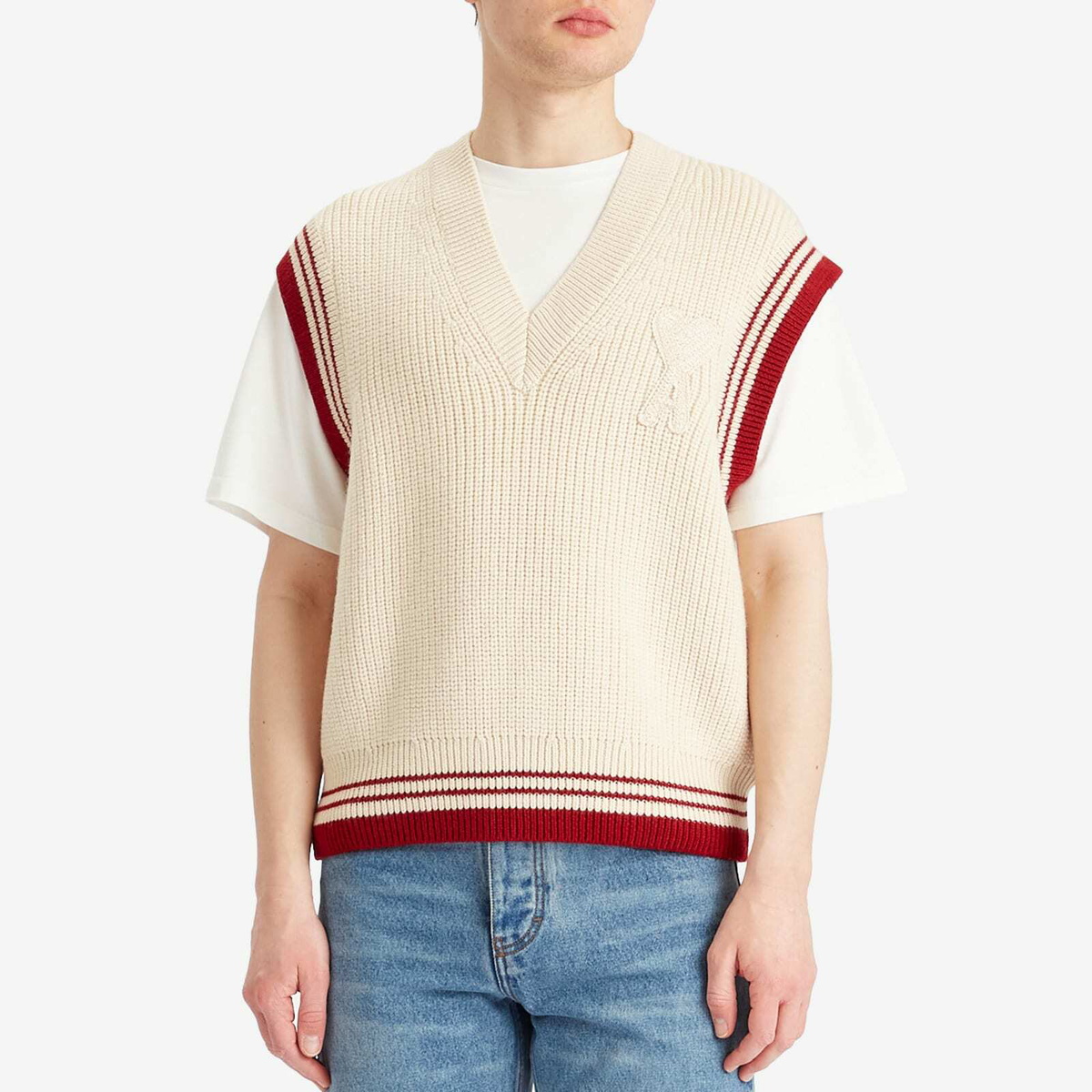 AMI Paris Men's Ribbed College Vest in White Cream