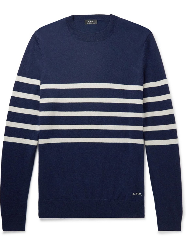 Photo: A.P.C. - Maceo Logo-Embroidered Striped Cashmere and Cotton-Blend Sweater - Blue