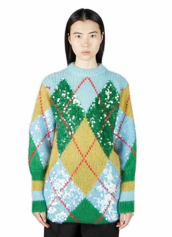 Photo: Gucci - Sequin Embellished Argyle Sweater in Blue