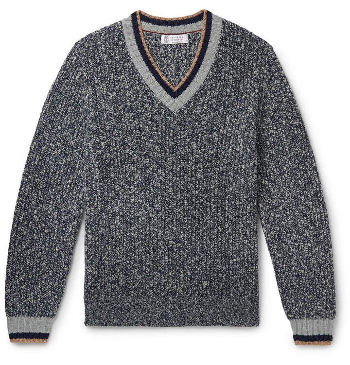 Photo: Brunello Cucinelli - Slim-Fit Stripe-Trimmed Mélange Wool and Cashmere-Blend Sweater - Blue