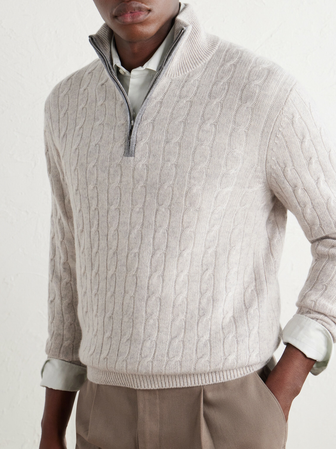 N.PEAL - Albemarle Cable Cashmere Half-Zip Sweater - Neutrals