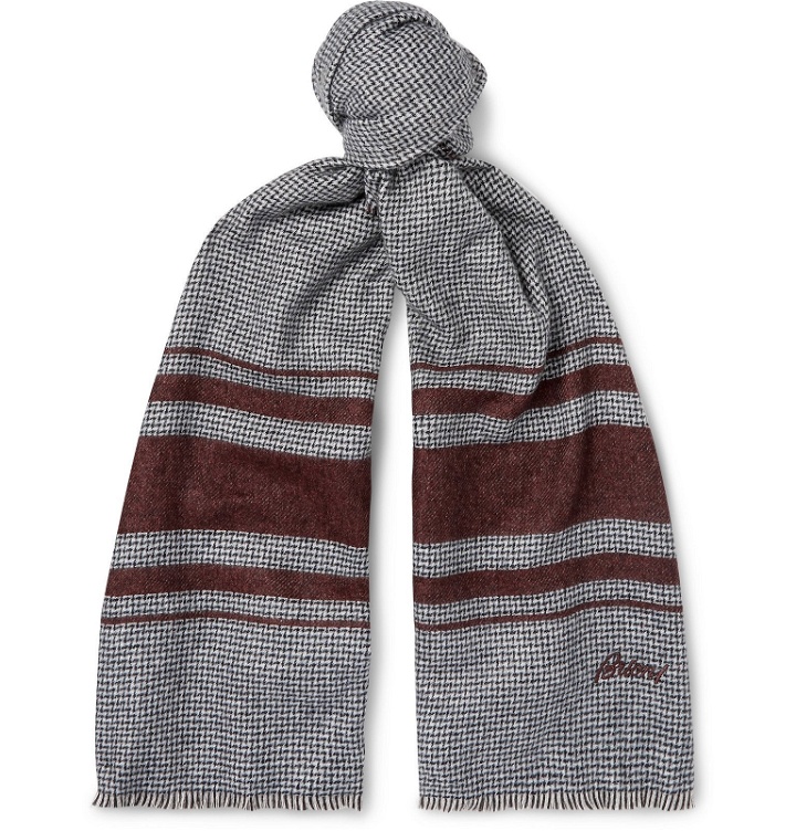 Photo: Brioni - Logo-Embroidered Striped Silk and Cashmere-Blend Scarf - Gray