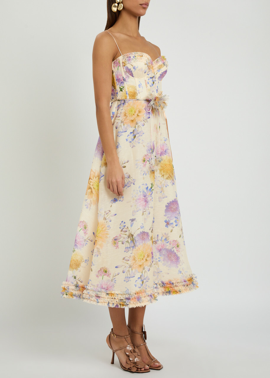 Zimmermann Luna Floral-appliquéd Linen and Silk-blend Midi Dress Cream