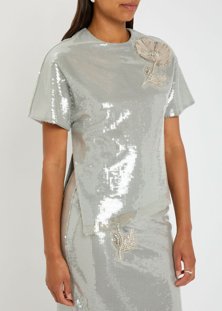 Huishan Zhang Sammi Floral-appliquéd Sequin T-shirt Silver