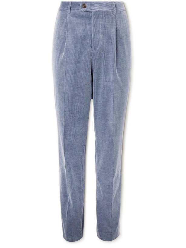 Photo: Brunello Cucinelli - Slim-Fit Pleated Cotton-Blend Corduroy Suit Trousers - Blue