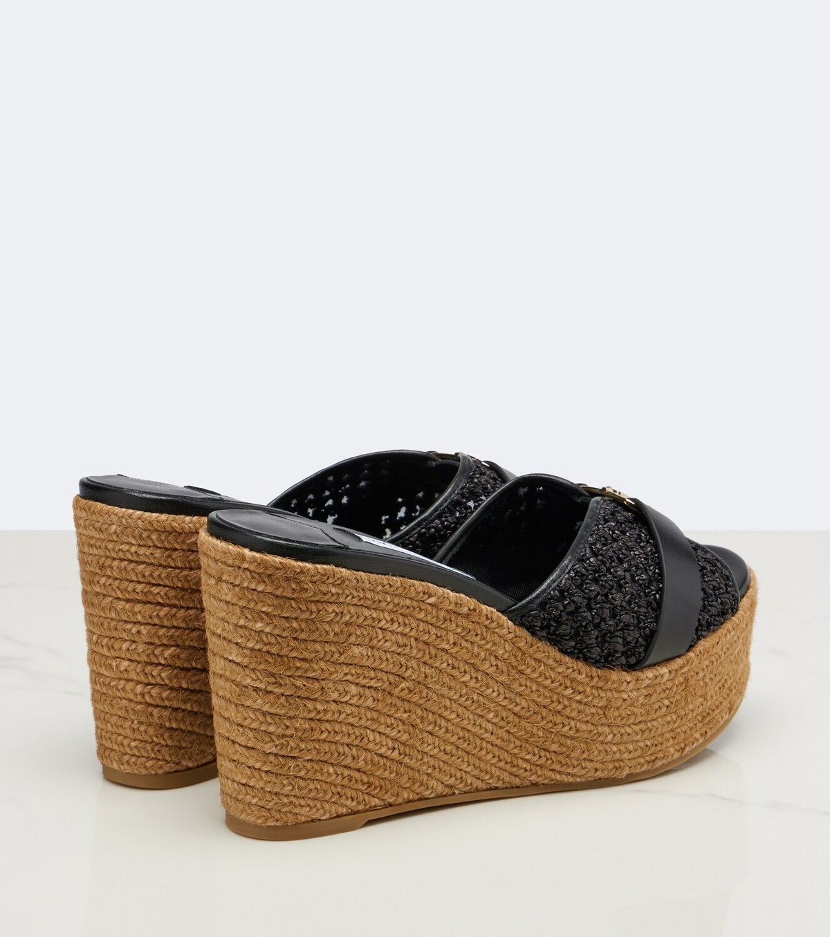 Jimmy Choo Leda leather-trimmed raffia wedge mules