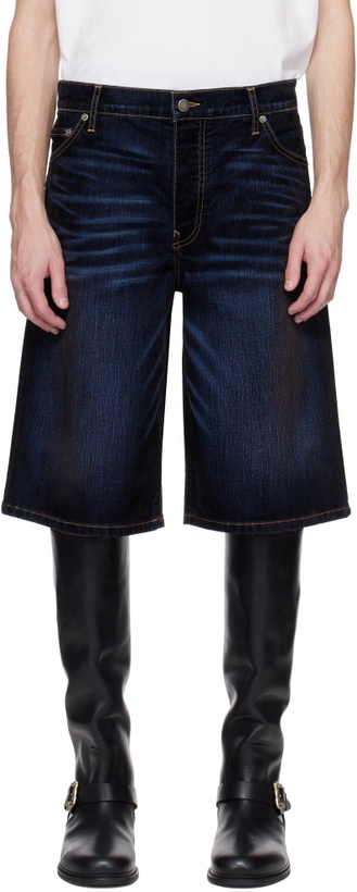 Photo: COÛT DE LA LIBERTÉ Navy Zander Stretch Suede Baggy Denim Shorts