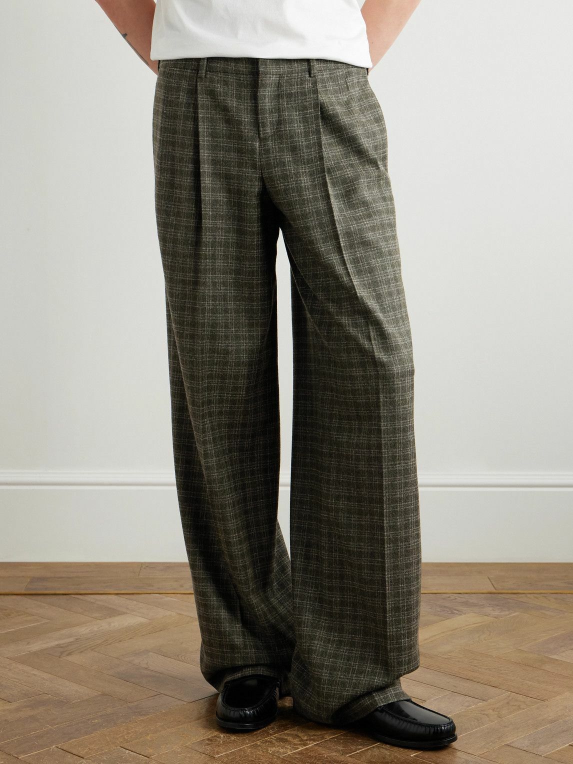 CELINE - Wide-Leg Pleated Checked Wool Trousers - Green Celine