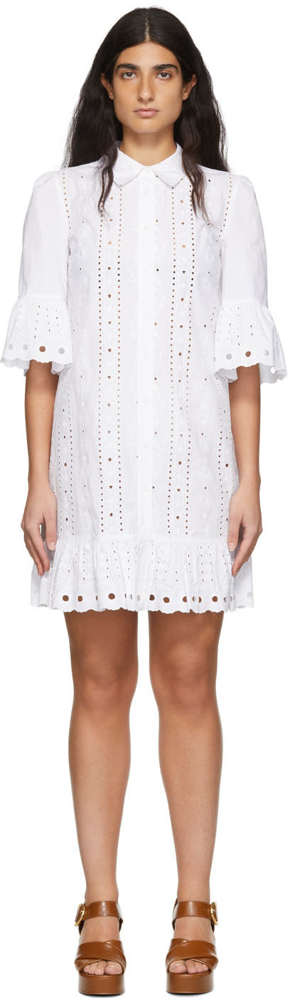 see by chloe white lace dress See by Chloe Short-Sleeve Cutout Lace A-Line Dress w/ Ruffled Hem
