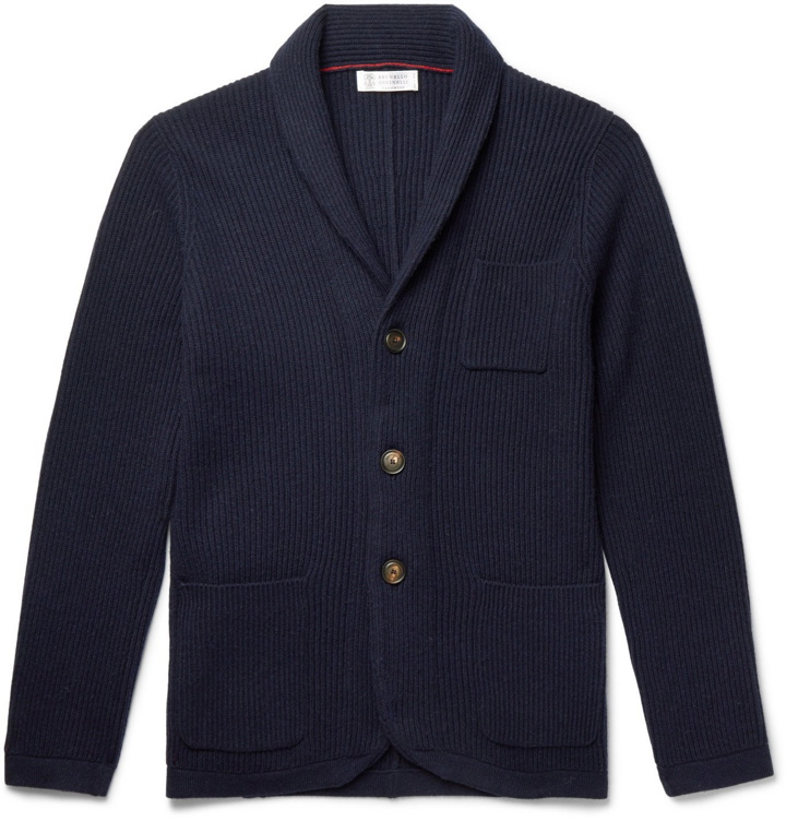 Photo: Brunello Cucinelli - Shawl-Collar Ribbed Virgin Wool, Cashmere and Silk-Blend Cardigan - Blue