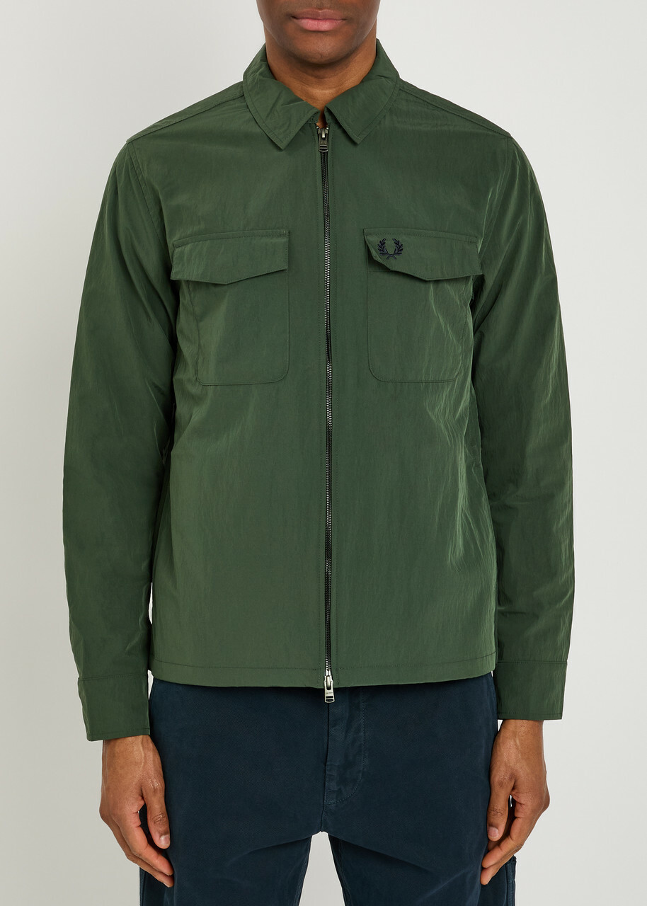 Fred Perry Logo-embroidered Crinkled Shell Overshirt Dark Green