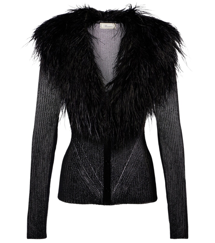 Photo: Blumarine Feather-trimmed ribbed-knit cardigan