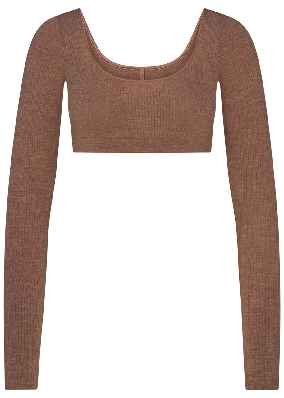 Skims Cropped Ribbed Wool-blend top Light Brown