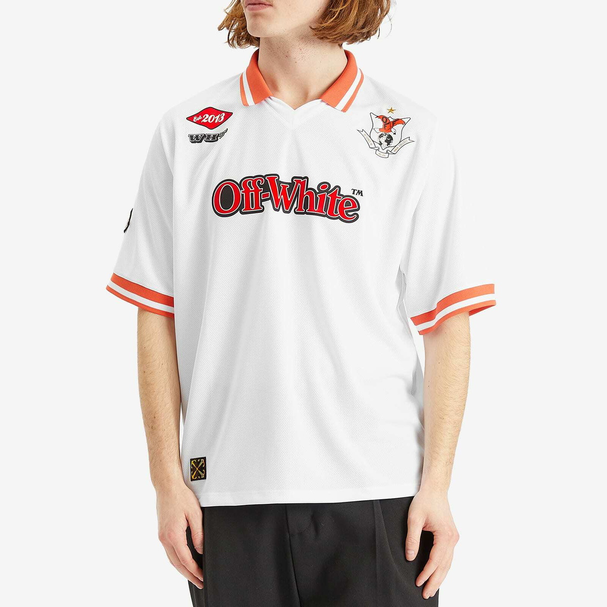 Off-White Men's Eagle Soccer Short Sleeve Polo in White/Red