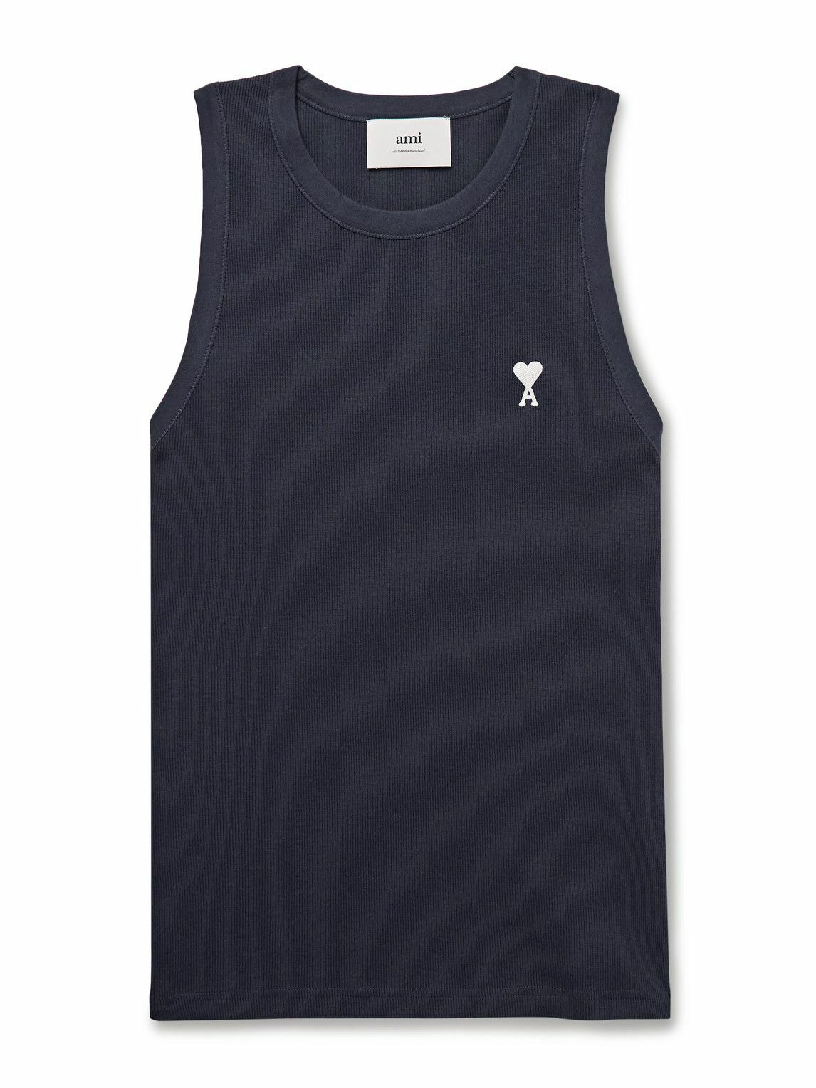 AMI PARIS - ADC Logo-Embroidered Ribbed Stretch Organic Cotton Tank Top - Blue