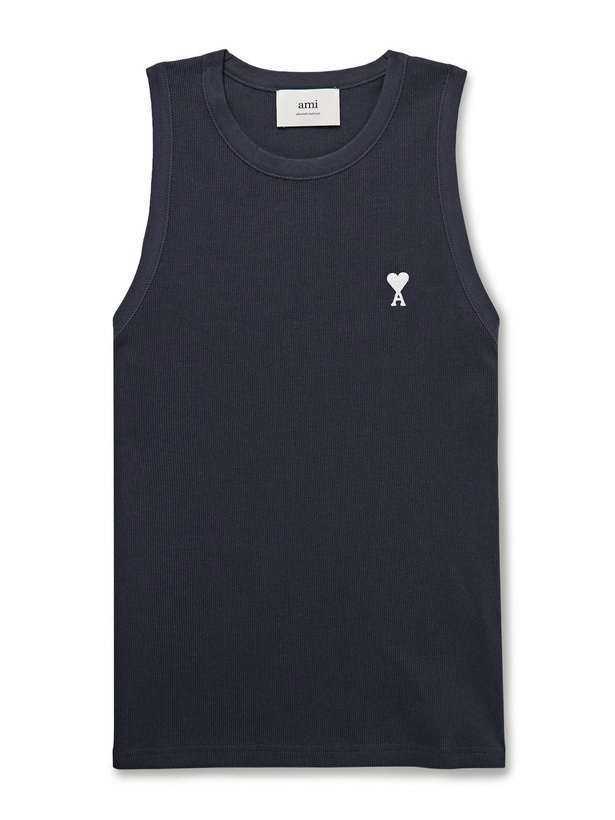 Photo: AMI PARIS - ADC Logo-Embroidered Ribbed Stretch Organic Cotton Tank Top - Blue