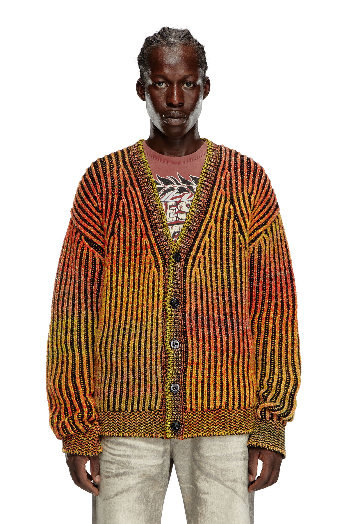 Diesel Striped ribbed cardigan in wool blend - Knitwear Mens in