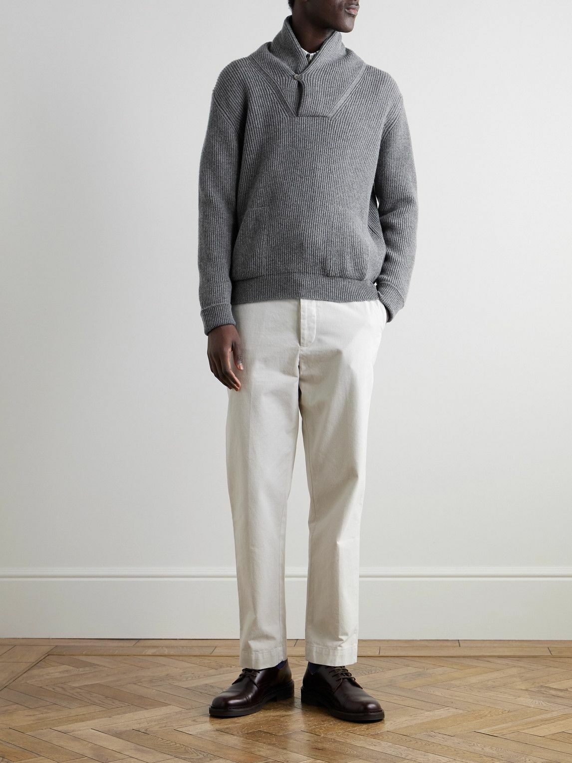 Anderson & Sheppard - Shawl-Collar Ribbed Cashmere Sweater - Gray