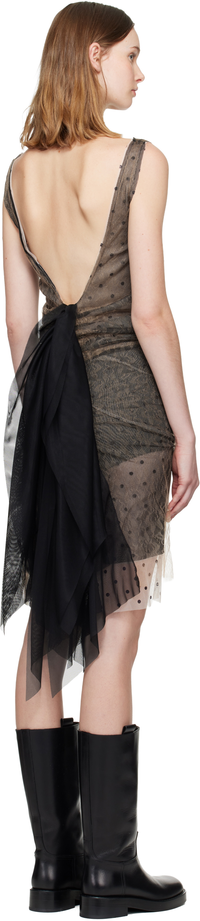 LAURA ANDRASCHKO Beige & Black Lace Tail Midi Dress