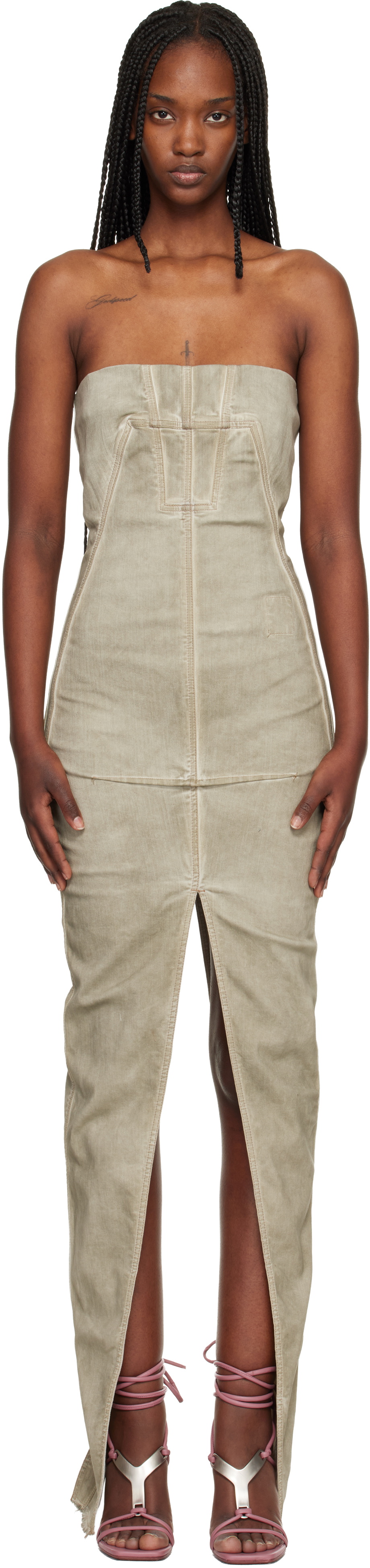 Rick Owens DRKSHDW Taupe Temple Sliced Bustier Denim Maxi Dress
