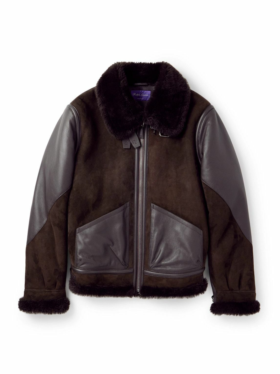 Ralph Lauren Purple label - Lutton Aviator Leather-Trimmed Shearling Jacket - Brown