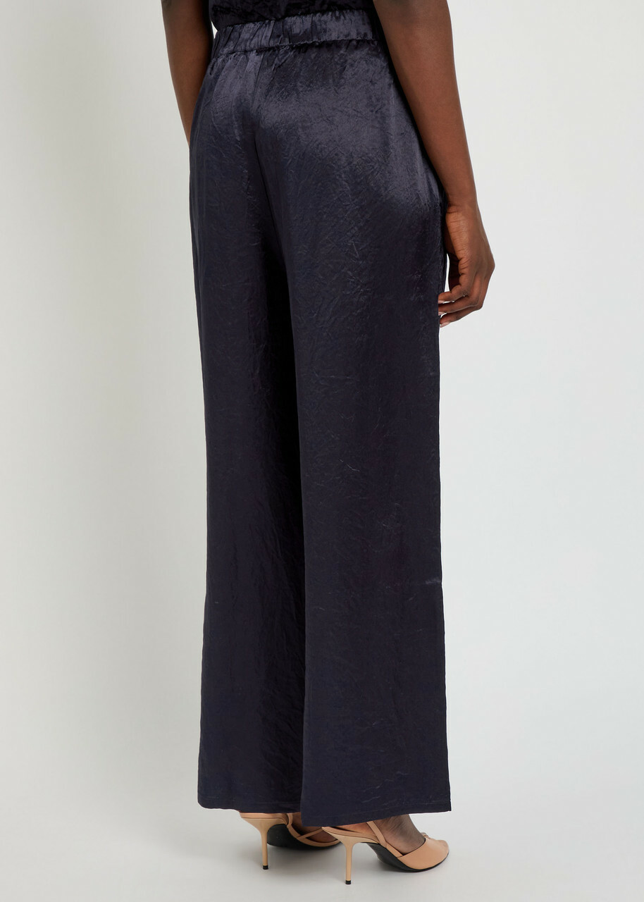 Eileen Fisher Crinkled Wide-leg Satin Trousers Dark Blue
