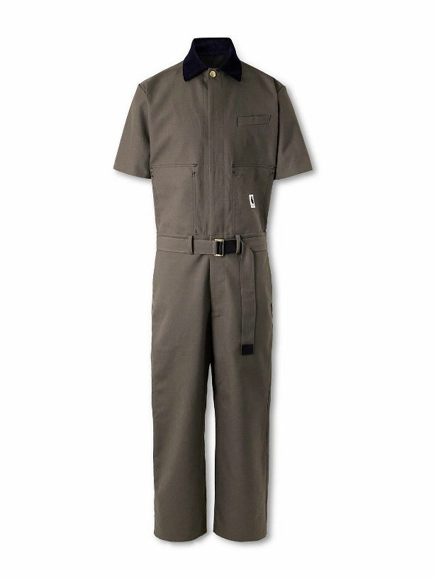 Photo: Sacai - Carharrt WIP Straight-Leg Corduroy-Trimmed Logo-Appliquéd Canvas Jumpsuit - Brown