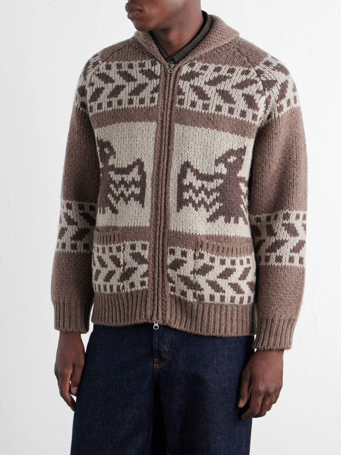 FrizmWORKS - Thunderbird Wool-Blend Jacquard Zip-Up Sweater - Brown