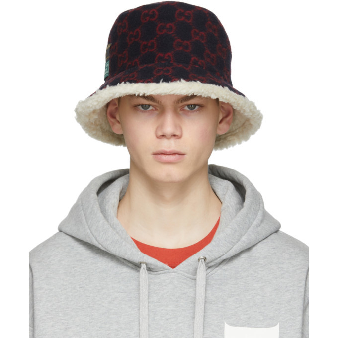 Photo: Gucci Navy and Red Wool GG Bucket Hat