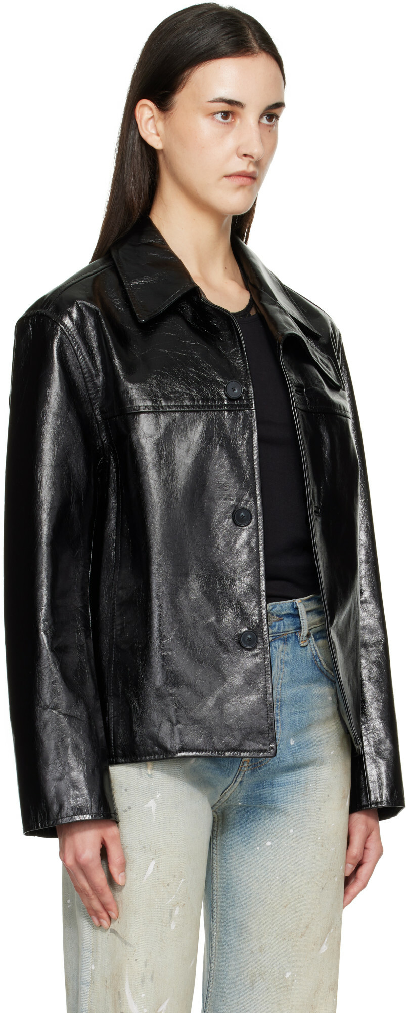 Commission Black Curve Flap Leather Jacket