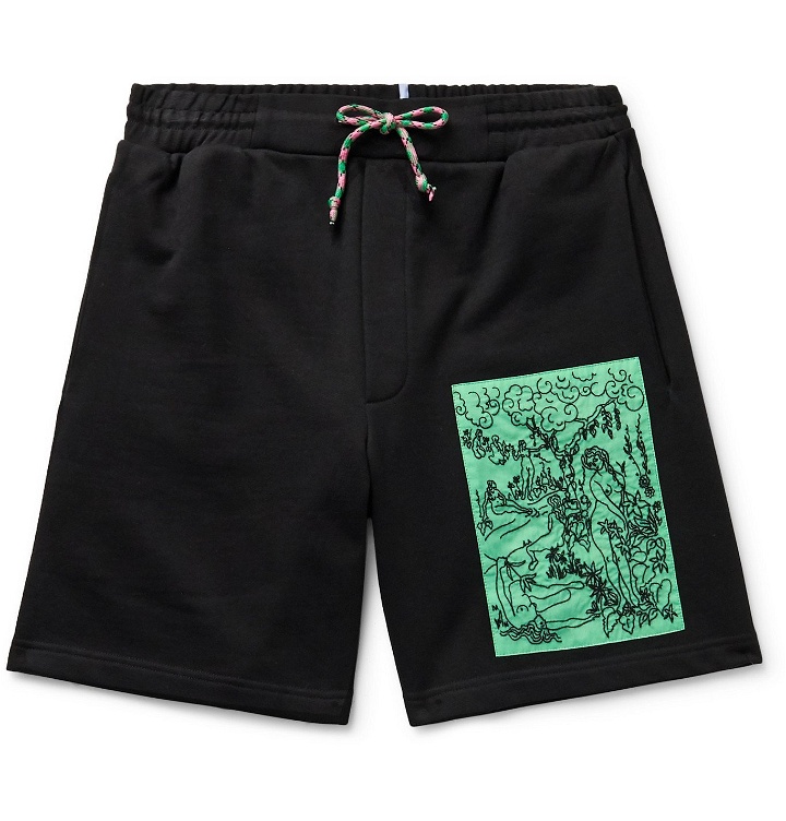 Photo: MCQ - Appliquéd Loopback Cotton-Jersey Drawstring Shorts - Black