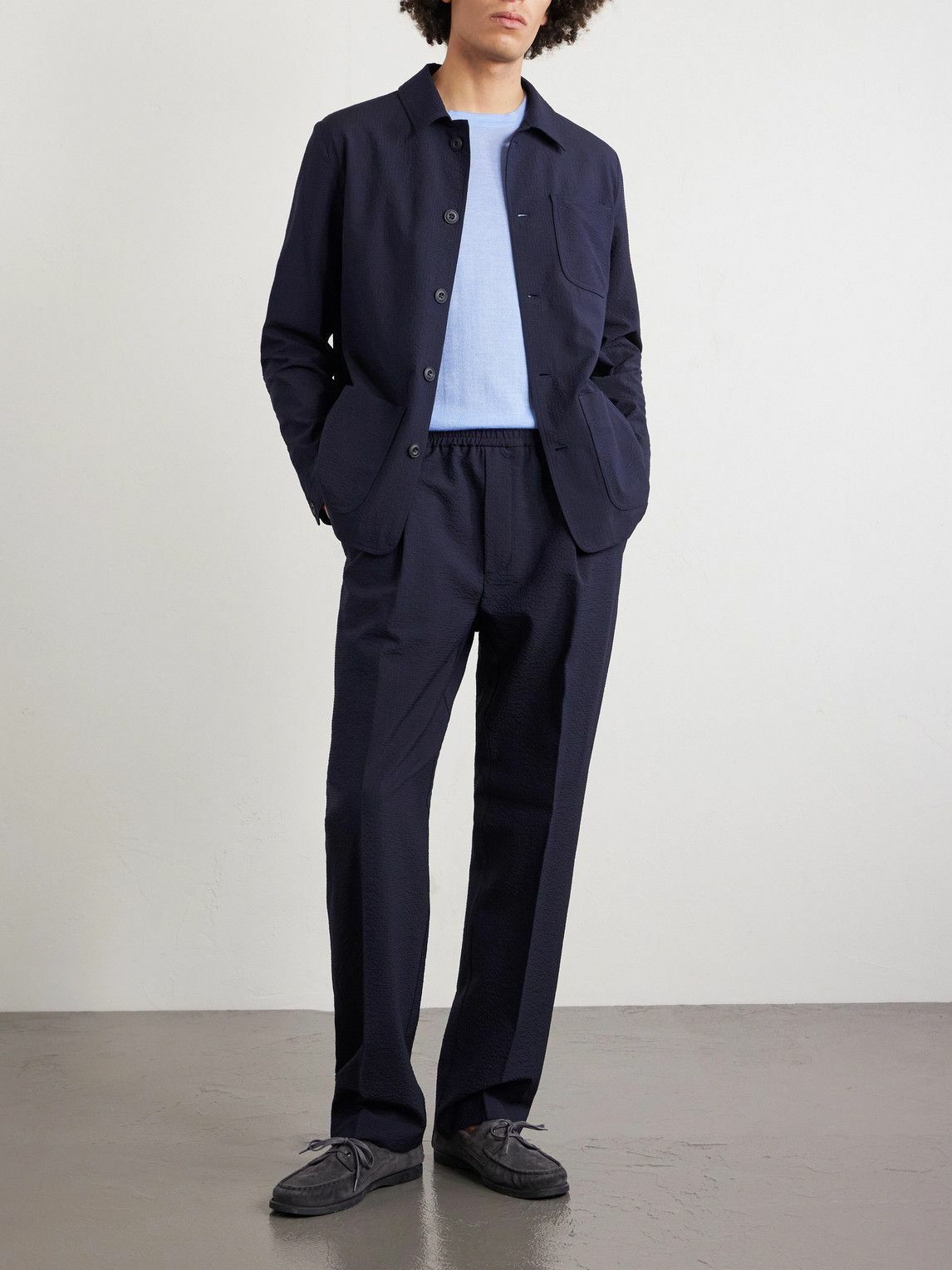 Altea - Straight-Leg Pleated Wool-Blend Seersucker Trousers - Blue