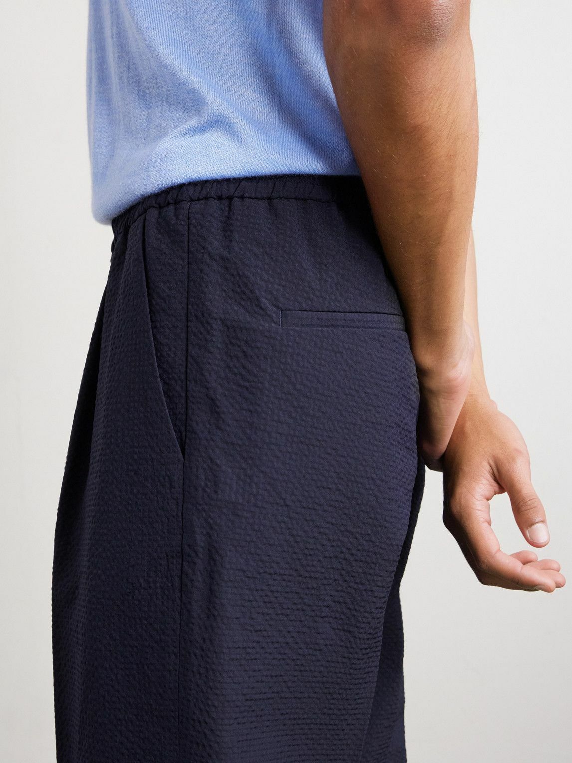 Altea - Straight-Leg Pleated Wool-Blend Seersucker Trousers - Blue