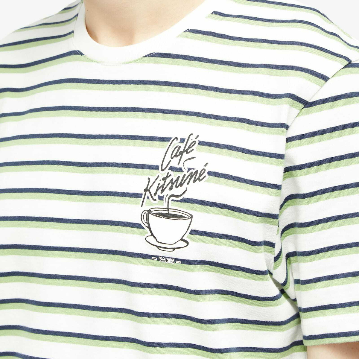 Maison Kitsuné Men's Cafe Kitsune Coffee Cup Printed Striped Regular T-Shirt in Navy/White/Fox Stripes