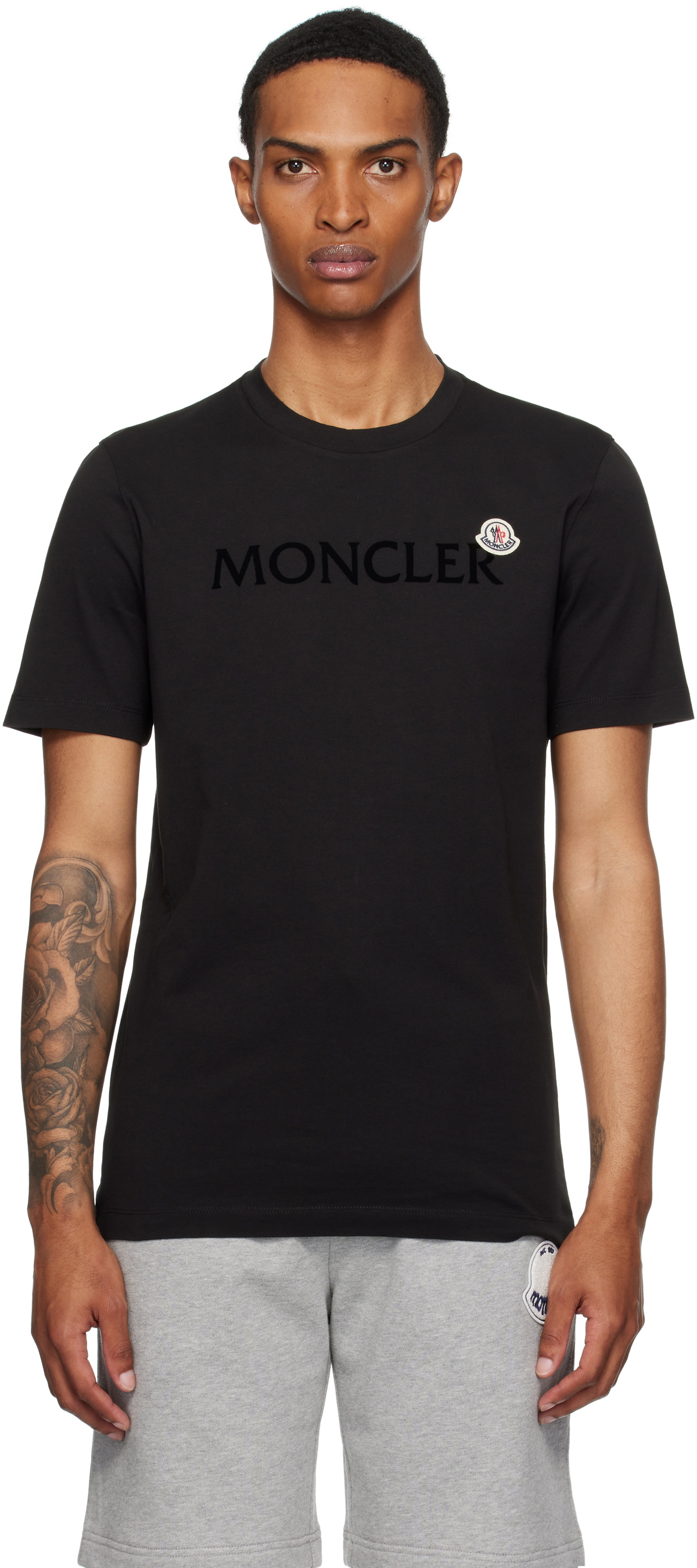 Moncler: Black Flocked Logo Cotton T-shirt | SSENSE