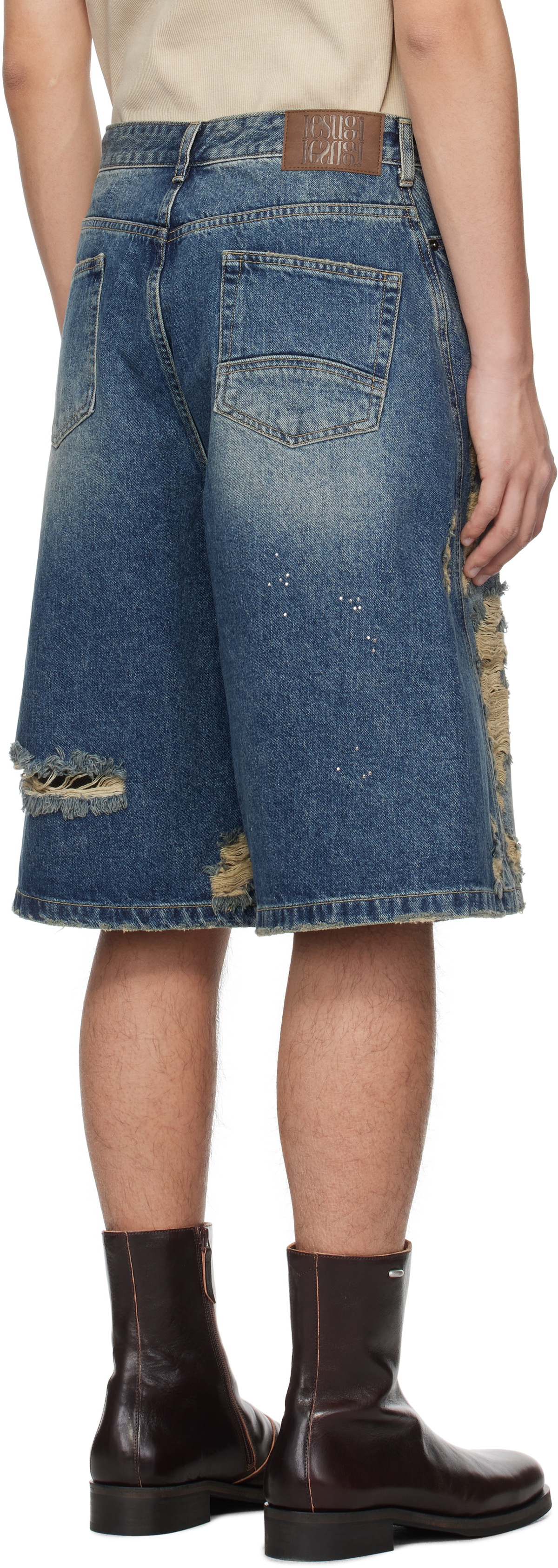 lesugiatelier Blue Crystal Embellished Ripped Denim Shorts