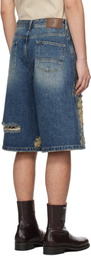 lesugiatelier Blue Crystal Embellished Ripped Denim Shorts