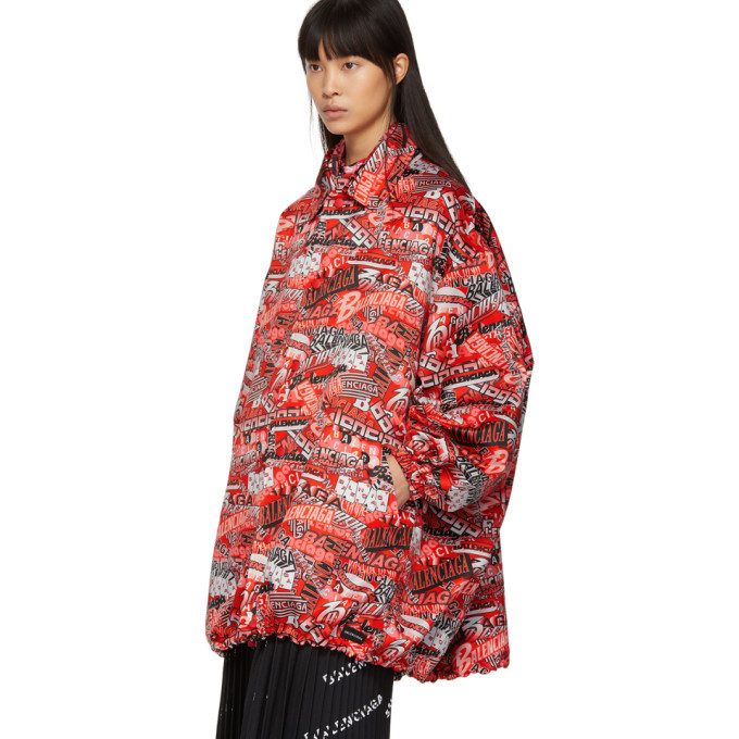 BALENCIAGA HIGH NECK BELTED VINYL COAT RED