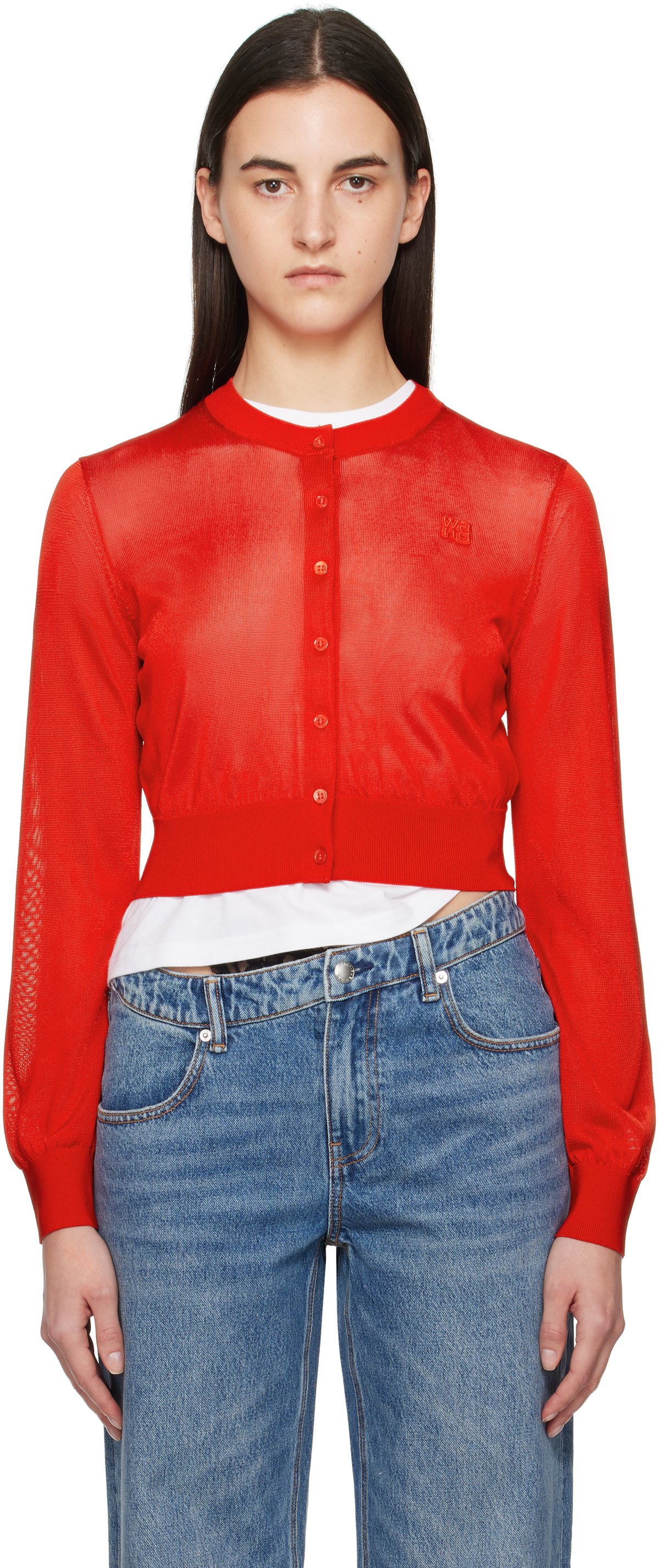 alexanderwang.t Red Logo-Embroidered Cropped Cardigan