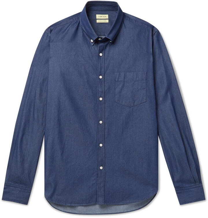 Photo: DE BONNE FACTURE - Button-Down Collar Cotton-Flannel Shirt - Blue