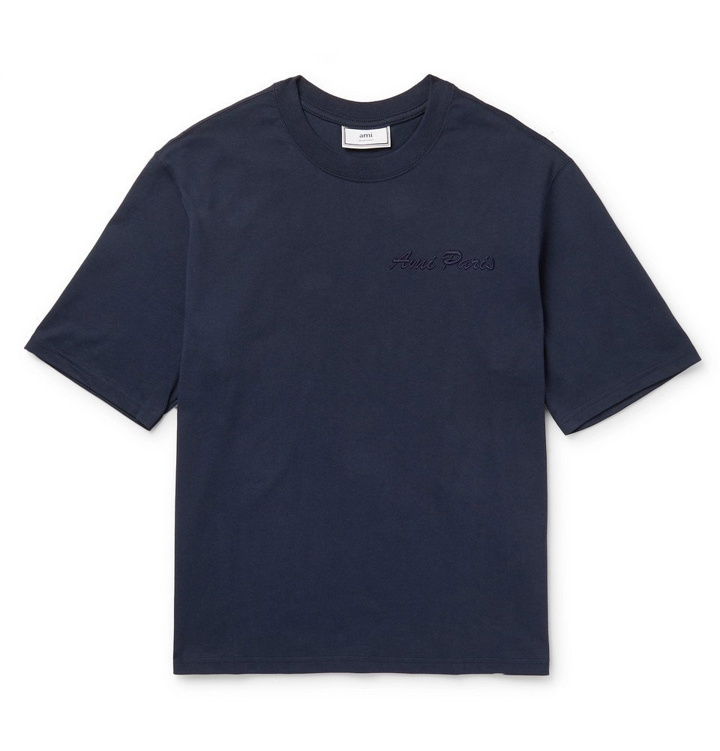 Photo: AMI - Logo-Embroidered Cotton-Jersey T-shirt - Navy